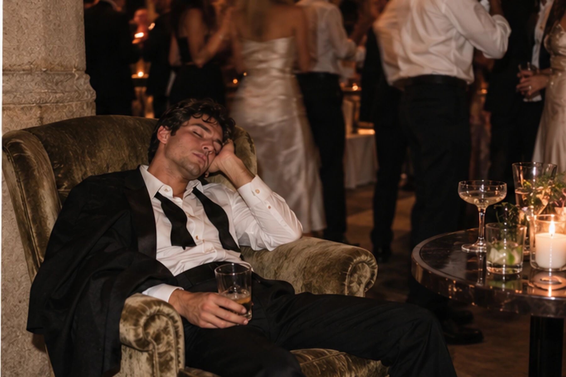 A guest fast asleep in an armchair, bow tie loosened